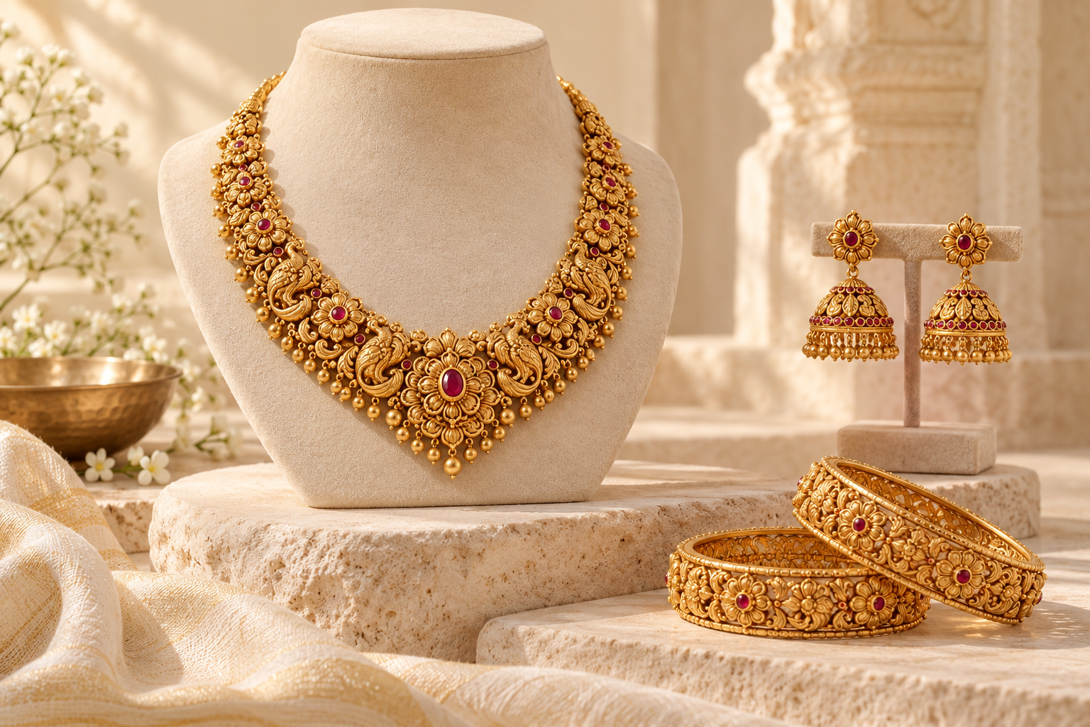 Traditional gold necklace, jhumkas and bangles