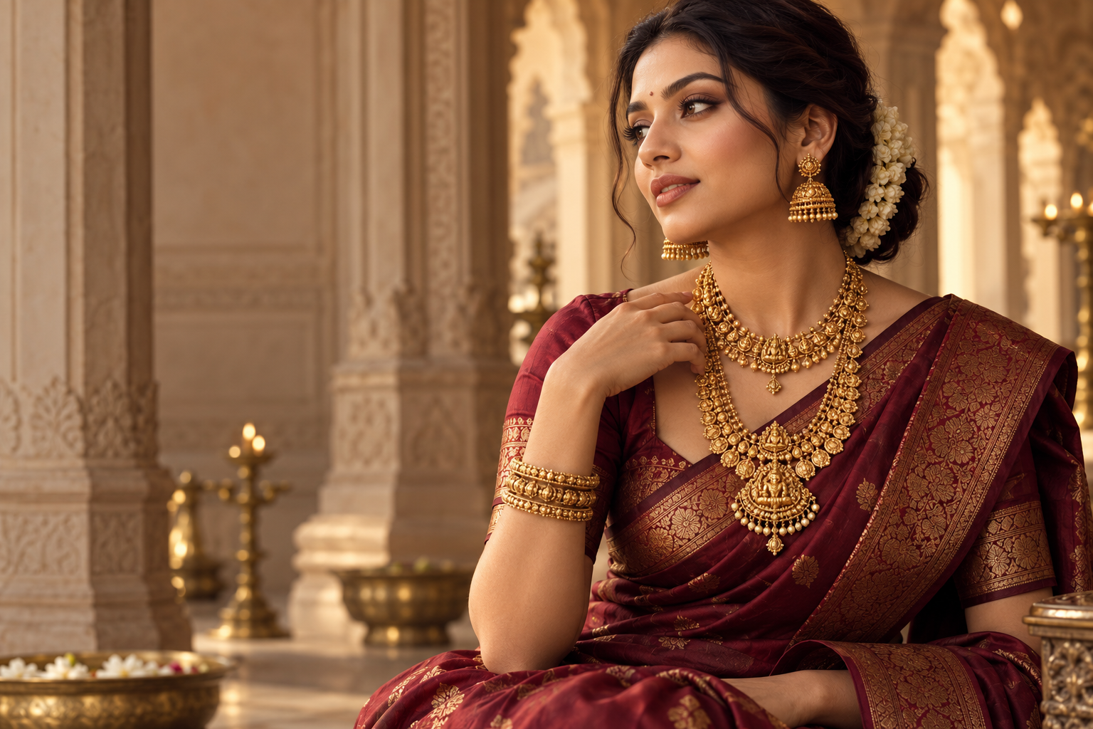 Indian model wearing a traditional gold necklace and jhumka earrings with a burgundy silk sari