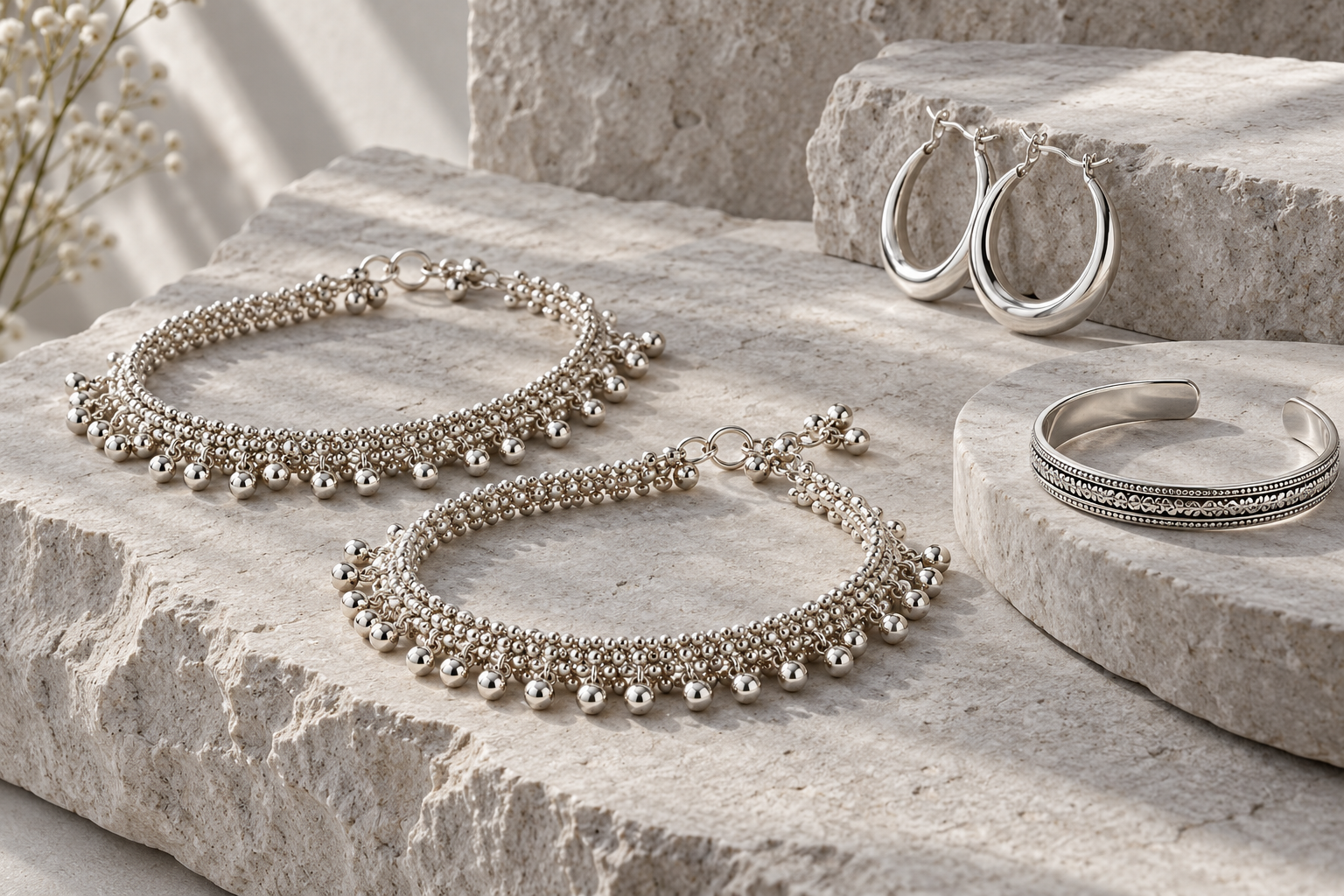 Silver anklets, earrings and cuff